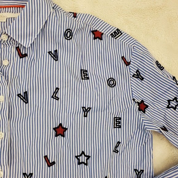 Boden Maria Lovely Embroidered Blue Striped Collared Long Sleeve Blouse S/M - Picture 6 of 11